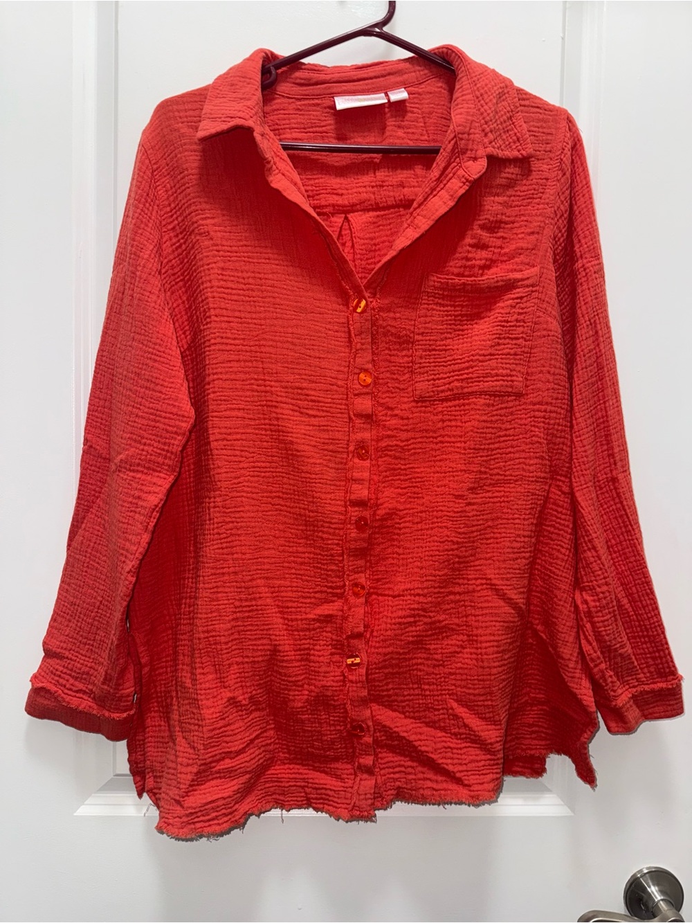 Belle Kim Gravel Women's Red Button-Front Textured Shirt - Casual Collared Top